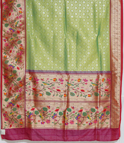 Soft Light Green Semi Banaras Saree with Rich Dark Pink Border – Festive Handloom Saree