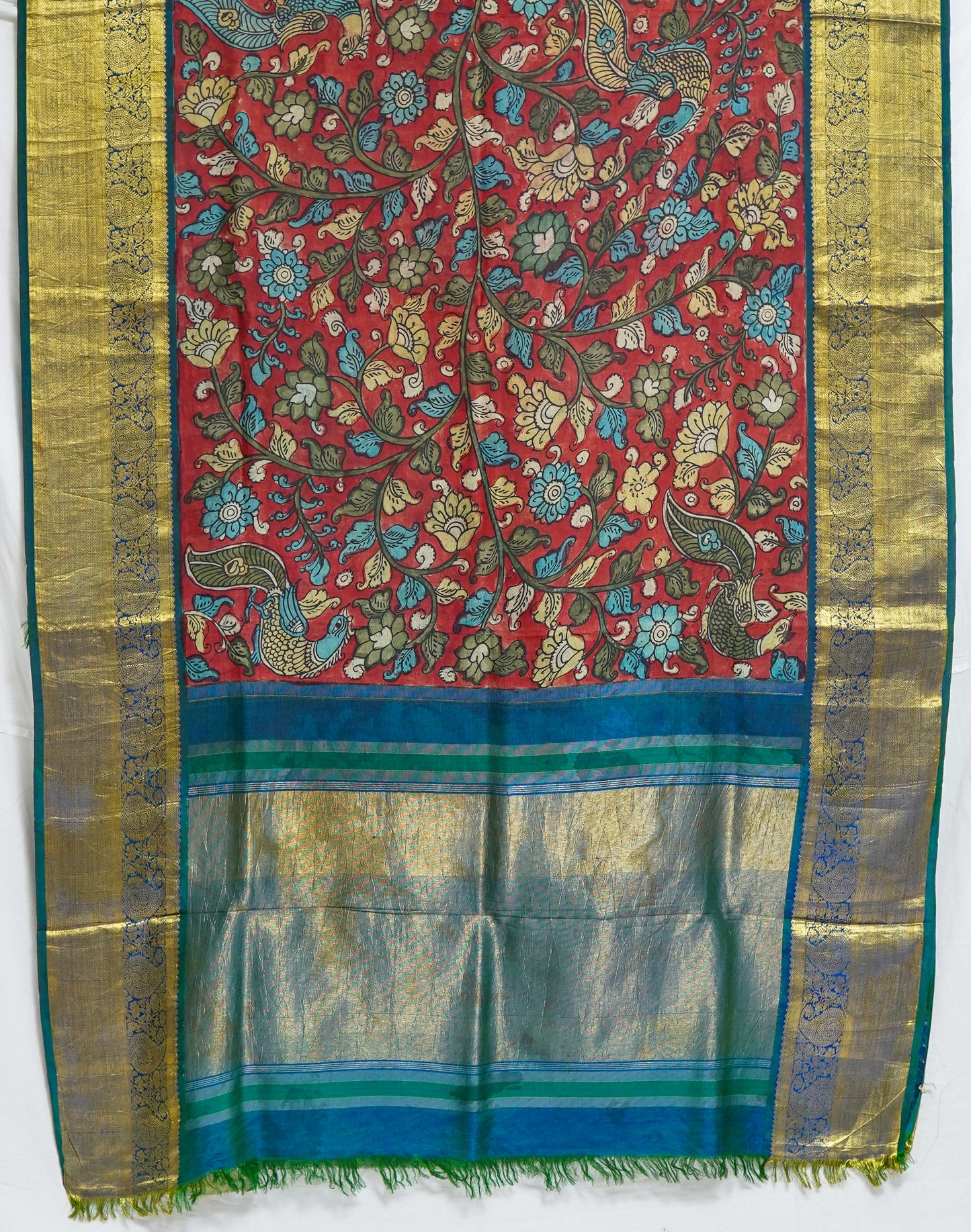 rajshree kalamkari saree – crimson red with peacock green border & golden zari highlights