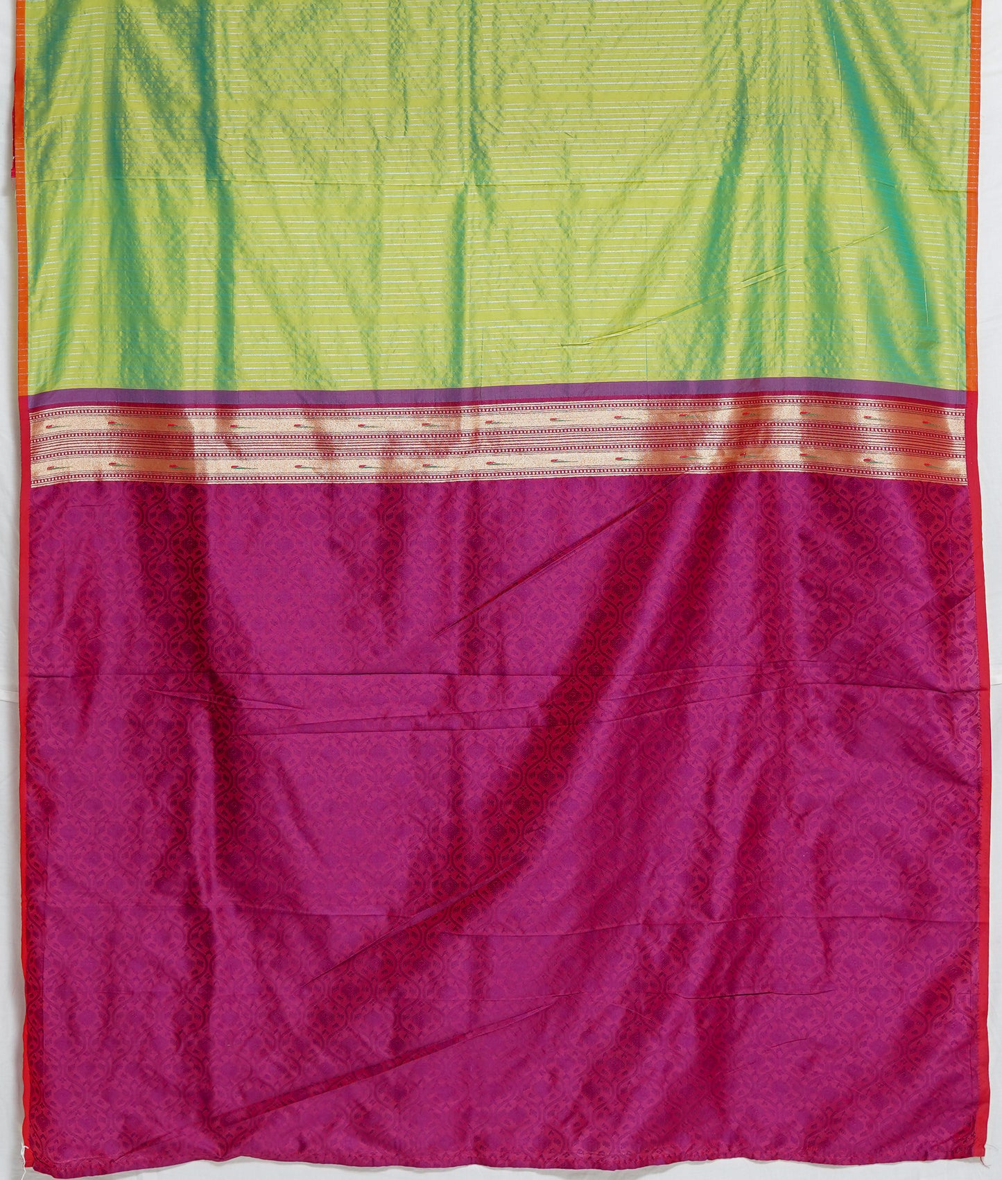 soft light green semi banaras saree with rich dark pink border – festive handloom saree