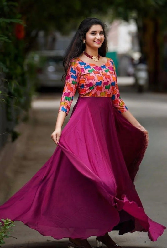 Amazing Wine Colour Blooming Fox Georgette Digital Print With Pearl Work Gown Set
