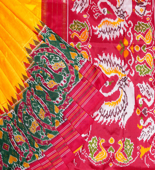 Yellow Patan Patola Saree with Green & Red Accents – Handwoven Heritage Weave