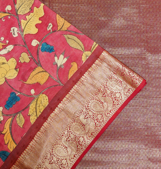 Lalima Kalamkari Saree – Deep Red Elegance with Golden Zari Highlights