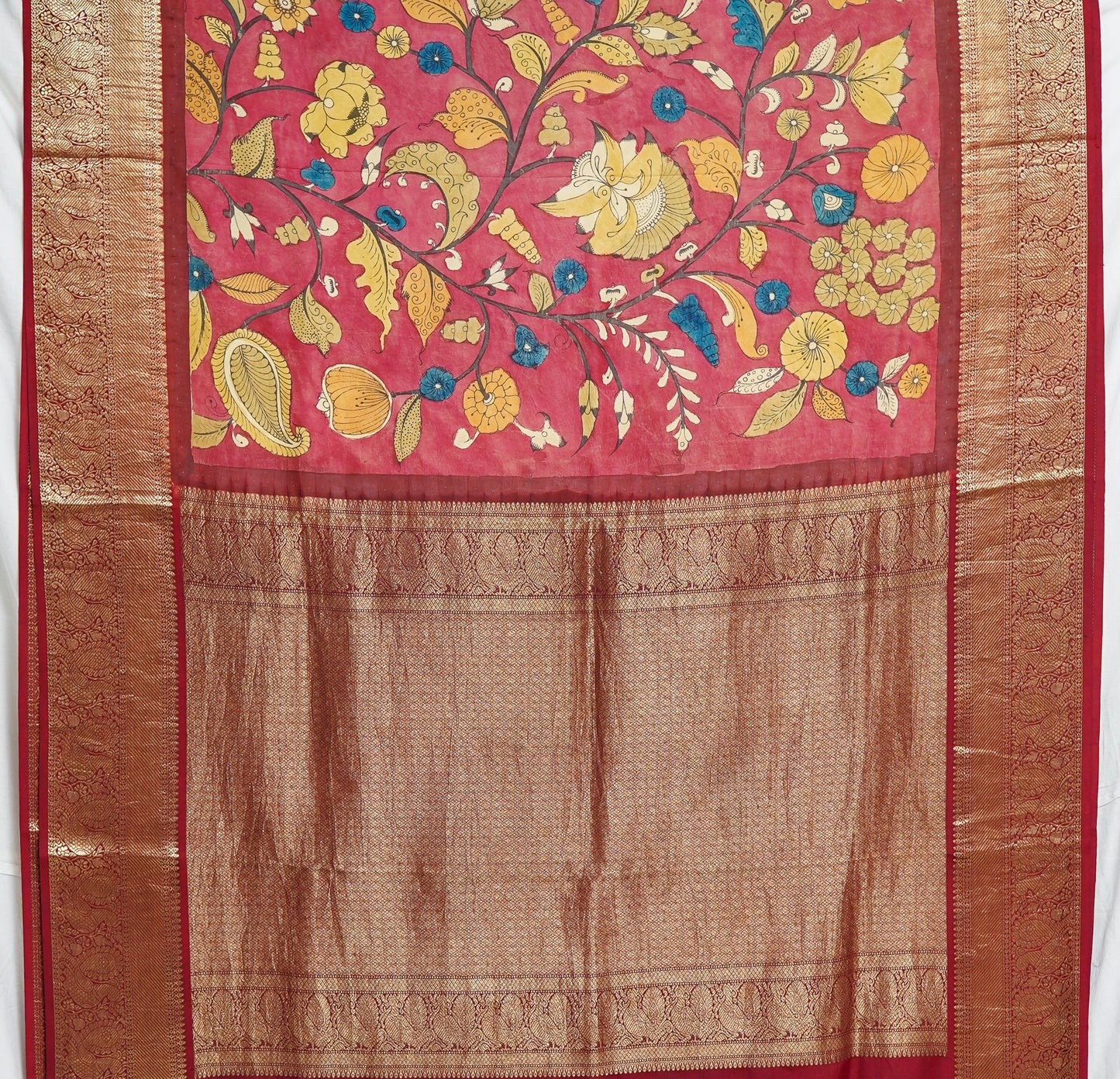 lalima kalamkari saree – deep red elegance with golden zari highlights