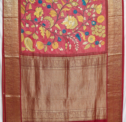 Lalima Kalamkari Saree – Deep Red Elegance with Golden Zari Highlights