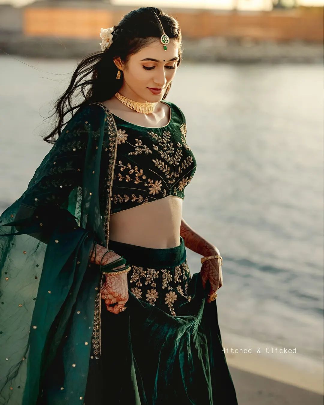 amazing green velvet colour embroidered attractive malay satin silk dulhan lehenga choli