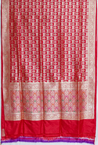 Sindoori Glow Banarasi Saree – Deep Red with Antique Copper Zari Detailing