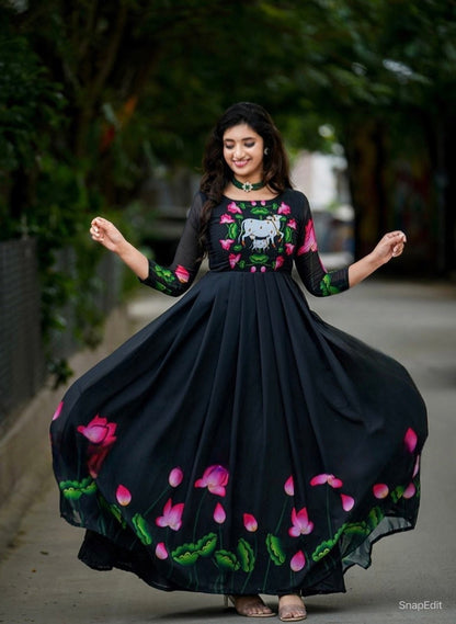 Amazing Blooming Fox Georgette Digital Print With Pearl Work Gown Set