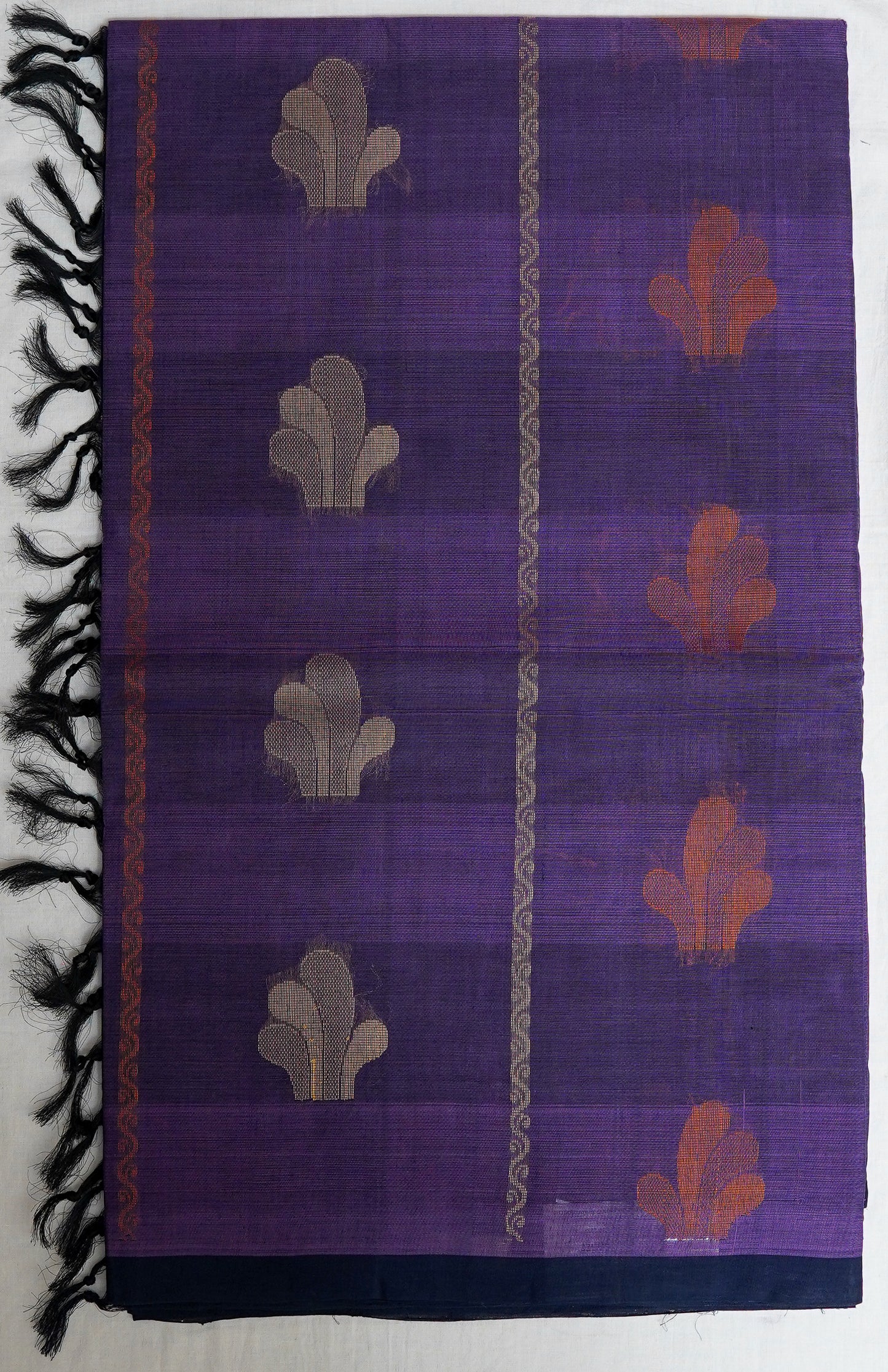 trio tone cotton saree – purple, orange & grey in a bold handloom blend