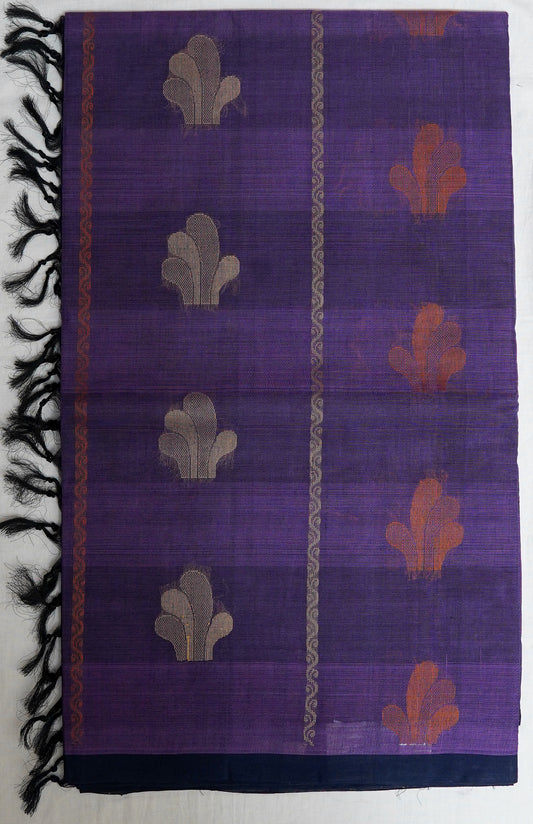 Trio Tone Cotton Saree – Purple, Orange & Grey in a Bold Handloom Blend