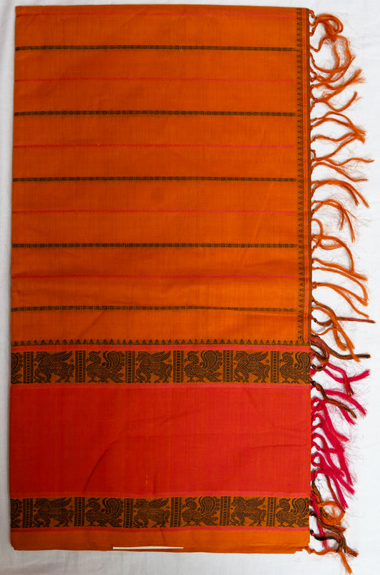 Sunleaf Cotton Saree – Vibrant Orange with Army Green Contrast