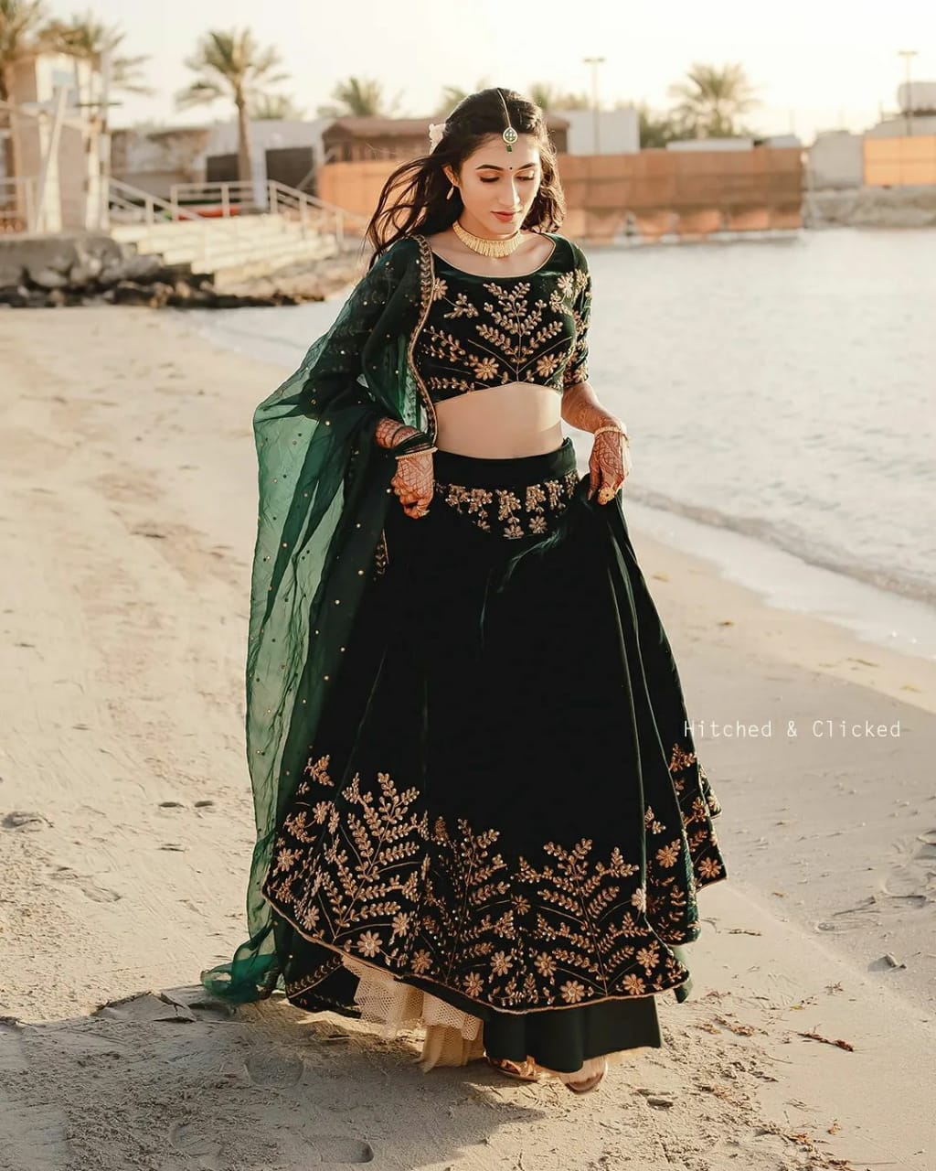 amazing green velvet colour embroidered attractive malay satin silk dulhan lehenga choli