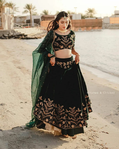 Amazing Green Velvet Colour Embroidered Attractive Malay Satin Silk Dulhan Lehenga Choli