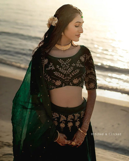 Amazing Green Velvet Colour Embroidered Attractive Malay Satin Silk Dulhan Lehenga Choli