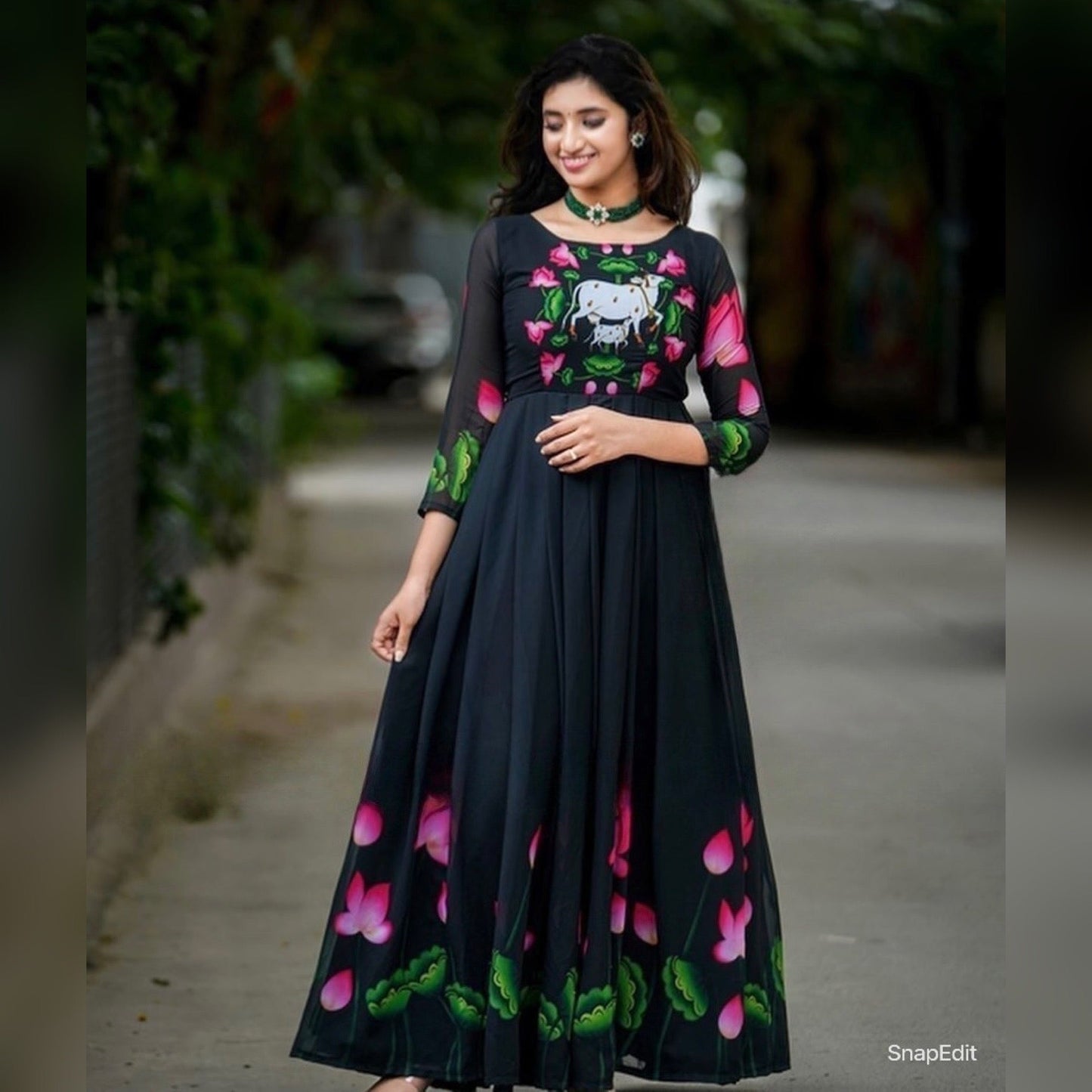 amazing blooming fox georgette digital print with pearl work gown set