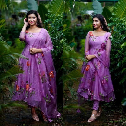 Amazing Purple Colored Party Wear Embroidered Soft Net Anarkali Style Gown