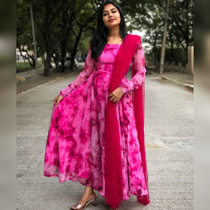 Amazing Pink Blooming Fox Georgette Digital Print With Pearl Work Gown Set