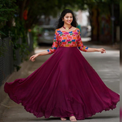 Amazing Wine Colour Blooming Fox Georgette Digital Print With Pearl Work Gown Set