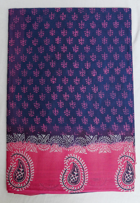 Midnight Bloom Cotton Saree – Navy Blue with Vibrant Pink Border